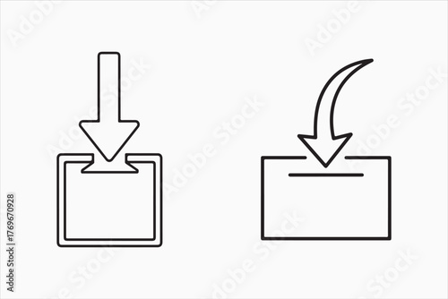 Illustration of download icons with arrow pointing down into a box, data transfer and file sharing concept in vector format