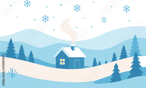 Winter cabin in snowy forest, peaceful countryside landscape, falling snowflakes, cozy blue house, serene nature scene, holiday season, vector illustration