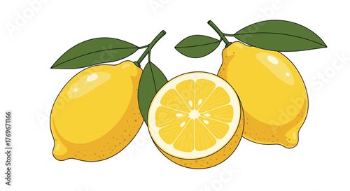Fresh and vibrant lemons and green leaves on a white background, perfect for adding a citrusy touch to any design.