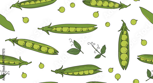 Green pea pod seamless pattern on white background, vector illustration design for fabric, wallpaper, textile, and wrapping paper.