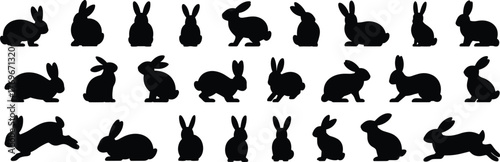 Rabbit silhouette set in varied poses, black animal shapes for wildlife, nature, behavior, animation and educational design themes