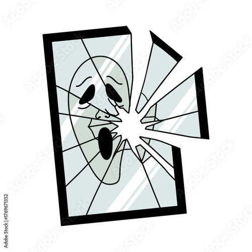 vector illustration of a broken mirror reflecting a distorted ghost face
