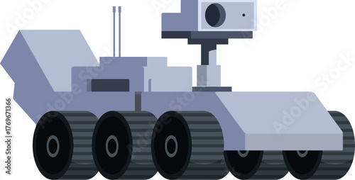 Modern robotic rover traversing alien terrain, gathering data and expanding scientific knowledge