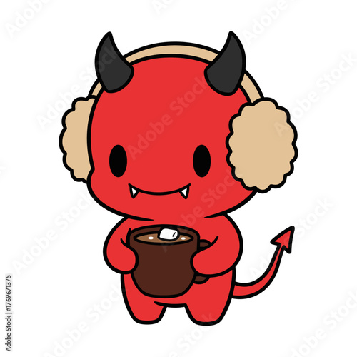 vector illustration of a chibi demon wearing earmuffs and holding a hot cocoa mug