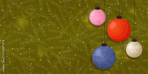 Green Christmas background with hanging baubles and festive pine texture. Vector design for xmas poster, greeting card or invitation.