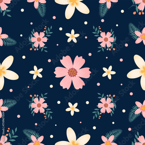 Pink And Yellow Flower Seamless Pattern With A Navy Background