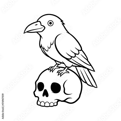 vector illustration of A friendly raven perched on a skull silhouette