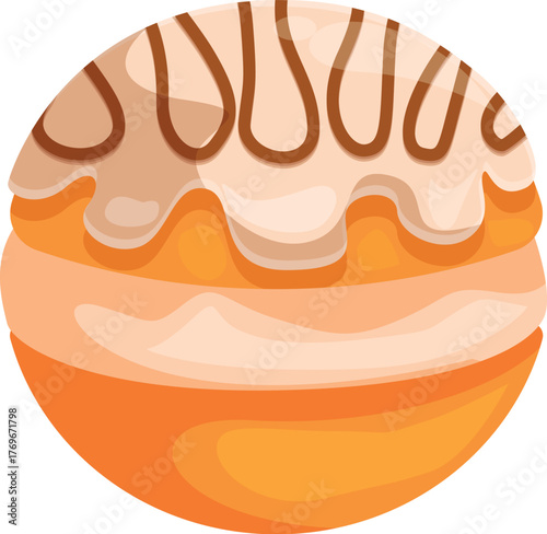 Round cake with flowing white icing and chocolate stripes creating a sweet and tempting treat