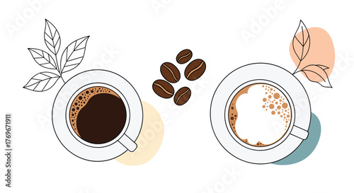 Top-down illustration featuring two types of coffee, espresso and a latte, with scattered coffee beans and delicate line art of coffee plant leaves.