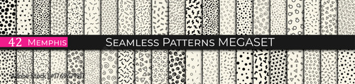 Set of 42 Seamless Memphis Style Patterns – Colorful Geometric Retro Backgrounds
