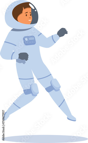 Young astronaut in spacesuit floating in zero gravity, exploring the vastness of space