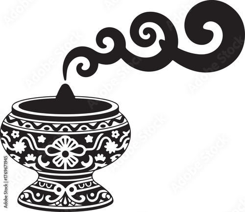 Ornate Incense Censer Black Silhouette with Stylized Swirling Smoke Rising