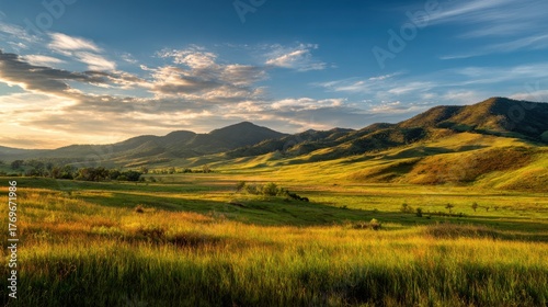 Golden sunlight bathes lush green hills as clouds drift across a clear blue sky at sunset.