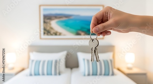 Hand holding keys in front of a bedroom with beach artwork