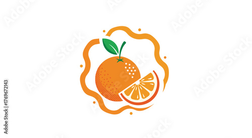 Vector logo of a whole orange with a slice and a green leaf, inside a wavy orange border.