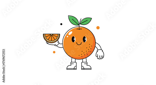 A cheerful retro cartoon orange character with a smiling face and green leaves, holding a fresh orange slice, on a clean white background.