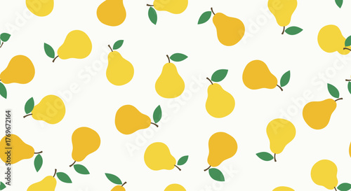 Seamless pattern of yellow pears with green leaves on a cream background.