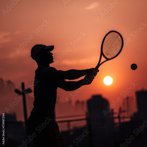 Female Tennis Player: Silhouette Hitting a Ball at Sunset.