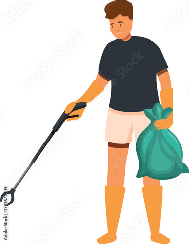 Young volunteer collecting trash using a grabber tool and holding a garbage bag, promoting environmental awareness and community cleanliness