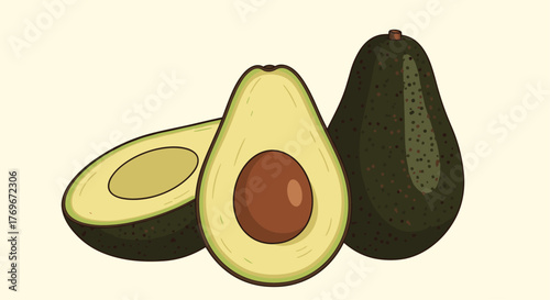 Illustration of two halves of an avocado and one whole avocado on a light background.