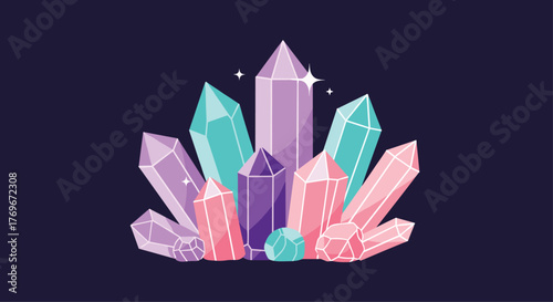 A vibrant and mystical cluster of natural crystals in shades of purple, pink, and turquoise, shimmering with subtle magical sparkles on a dark background.