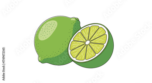 Illustration of a whole green lime next to a lime cut in half, showing the juicy pulp.