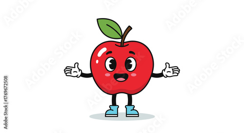 A cute and inviting red apple cartoon character with a happy smile and outstretched arms, standing cheerfully on a bright white background.
