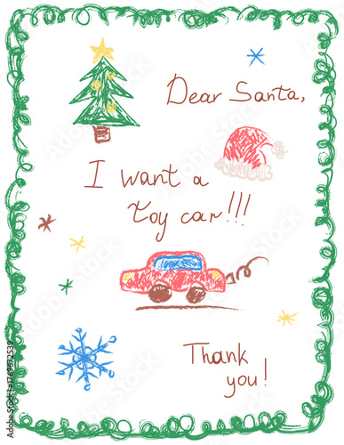 Dear Santa letter with toy car drawing. Cute hand-drawn Christmas wish note in crayon style for holiday cards, kids activities and printable stationery.