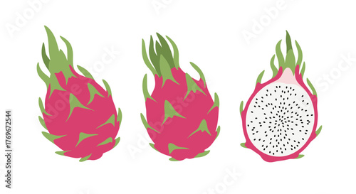 Three dragon fruits: whole, whole, and half, presenting the white flesh and black seeds of the tropical fruit against a white background.