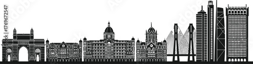 Mumbai skyline silhouette, Gateway of India, Taj Hotel, Sea Link bridge, historic architecture, modern buildings, Indian cityscape, black vector art