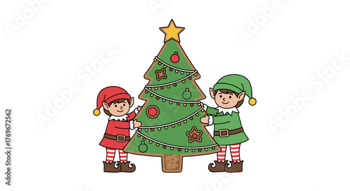 Two cheerful elves decorating a Christmas tree with ornaments  