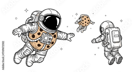 Astronaut cookies floating in space with stars and galaxies in background  