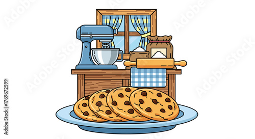 Cookies on a plate with kitchen equipment in a cozy bakery setting  