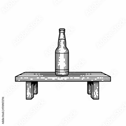 Minimalist line art of a beer bottle on a bench. Hand-drawn black and white icon for a pub or brewery. Isolated graphic symbol for an alcoholic beverage