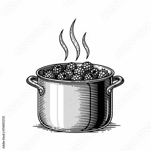 Berries boiling in a steel pot in a vintage engraving style. Hand-drawn line art of homemade jam making. Black and white cooking graphic