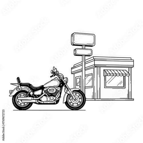 Classic cruiser motorcycle at a roadside diner. Hand-drawn line art sketch. Biker and road trip concept graphic for logo or t-shirt design