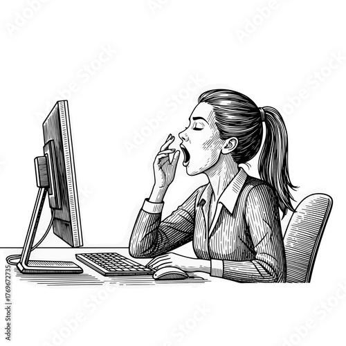 A tired businesswoman yawning at her computer screen. Hand-drawn line art of an office worker experiencing fatigue and burnout.