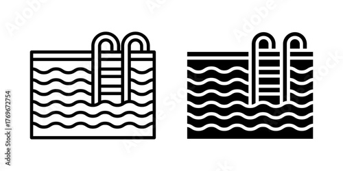Swimming Pool icon set. A minimalist line art illustration of a swimming pool. perfect for summer vacation designs, water sport concepts, or recreation related projects. Isolated on white background.