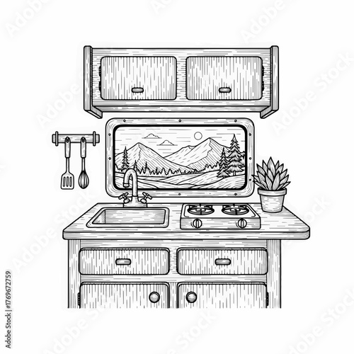 Hand-drawn camper kitchenette with a mountain view. Black and white line art sketch for travel and van life themes