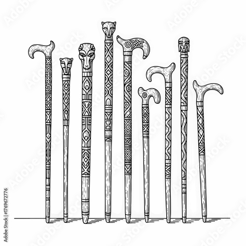 A set of hand-drawn carved walking sticks. Black and white line art with traditional ethnic patterns. Vintage collection of wooden canes with animal head handles