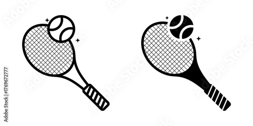 Tennis icon set. Simple minimalist style icons of tennis racket and ball. Outline and solid style available. Sport equipment for tennis game. Isolated on white background.
