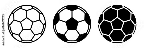 Soccer icon set. A set of simple soccer ball icons in outline, black and white, and solid black versions. Perfect for sports themed projects, web design. Isolated on white background.