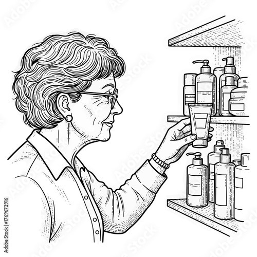 An elderly woman choosing a moisturizer from a shelf. Black and white line art drawing. Senior skincare and consumer concept
