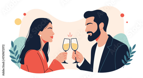 A man and woman dressed in party clothes are toasting each other with champagne to celebrate a special occasion in the illustration.