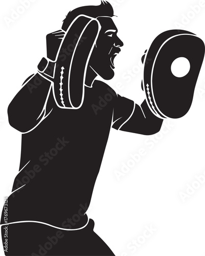 Dynamic boxer training with punching mitts athletic boxer silhouette focused intensity