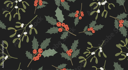 Festive seamless pattern featuring traditional Christmas holly with red berries and mistletoe with white berries on a dark background.