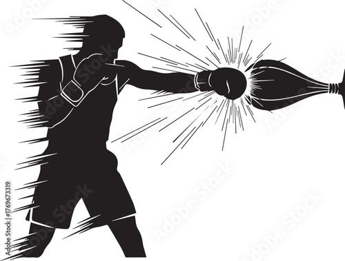 Dynamic boxer silhouette punching speed bag with bursting energy sports action