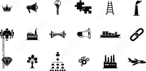 Collection of black and white icons representing business concepts and industry elements