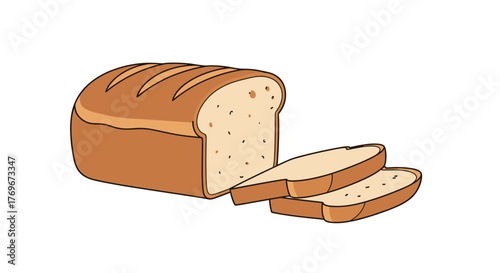 A loaf of bread with three sliced pieces on a white background, representing breakfast or food concepts.