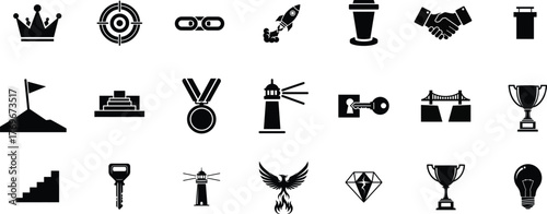 Collection of silhouette icons representing success achievement victory and goals